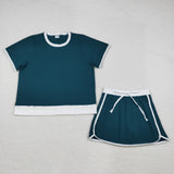 Adults Solid Dark Green White Mommy & Me Shorts Women Skirts Sets