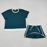 Adults Solid Dark Green White Mommy & Me Shorts Women Skirts Sets