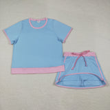 Adults Solid Pink Sky Blue Mommy & Me Shorts Women Skirts Sets