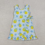 Floral Lemon Sky Blue Plaid Ruffles Athletic Shorts Girls Sleeveless Dress