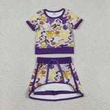 Team Tiger Purple Bow Pattern Athletic Shorts Girls Skirt Sets