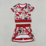 Team Pig Red Bow Pattern Athletic Shorts Girls Skirt Sets