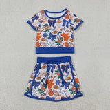 Team Crocodile Blue Bow Pattern Athletic Shorts Girls Skirt Sets