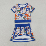 Team Crocodile Blue Bow Pattern Athletic Shorts Girls Skirt Sets