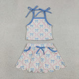 Bow Pattern Plaid Scalloped Blue Beige Athletic Shorts Girls Skirt Sets