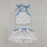 Bow Pattern Plaid Scalloped Blue Beige Athletic Shorts Girls Skirt Sets