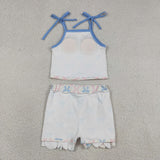 Bow Pattern Plaid Scalloped Blue Beige Athletic Shorts Girls Skirt Sets