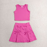 Solid Hot Pink Vest Bows Athletic Shorts Girls Skirt Sets