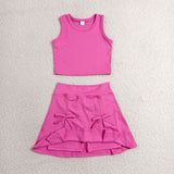Solid Hot Pink Vest Bows Athletic Shorts Girls Skirt Sets