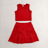 Solid Red Vest Bows Athletic Shorts Girls Skirt Sets