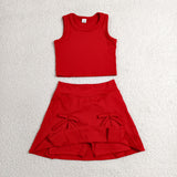Solid Red Vest Bows Athletic Shorts Girls Skirt Sets