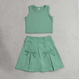 Solid Light Green Vest Bows Athletic Shorts Girls Skirt Sets