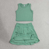 Solid Light Green Vest Bows Athletic Shorts Girls Skirt Sets