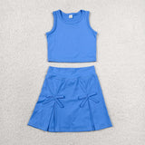 Solid Blue Vest Bows Athletic Shorts Girls Skirt Sets