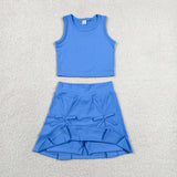 Solid Blue Vest Bows Athletic Shorts Girls Skirt Sets
