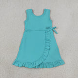 Solid Bluish Ruffles Athletic Shorts Girls Sleeveless Dress