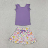 Solid Purple Ruffles Floral Athletic Shorts Girls Skirt Sets