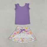 Solid Purple Ruffles Floral Athletic Shorts Girls Skirt Sets