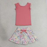 Solid Coral Red Ruffles Floral Athletic Shorts Girls Skirt Sets
