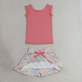 Solid Coral Red Ruffles Floral Athletic Shorts Girls Skirt Sets