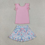 Solid Pink Ruffles Floral Athletic Shorts Girls Skirt Sets