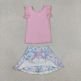Solid Pink Ruffles Floral Athletic Shorts Girls Skirt Sets