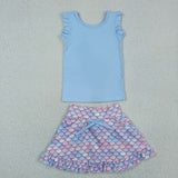 Solid Sky Blue Ruffles Scale Athletic Shorts Girls Skirt Sets