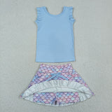 Solid Sky Blue Ruffles Scale Athletic Shorts Girls Skirt Sets