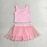 Solid Pink Gauze Athletic Shorts Girls Skirt Sets