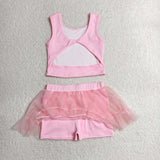 Solid Pink Gauze Athletic Shorts Girls Skirt Sets