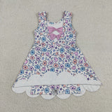 Pink Blue Floral Scalloped Athletic Shorts Girls Sleeveless Dress