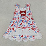 Red Blue Bow Pattern Scalloped Athletic Shorts Girls 4th of July Dress