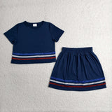 Colorful Stripe Solid Navy Cotton Shorts Girls Skirts Sets