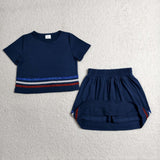 Colorful Stripe Solid Navy Cotton Shorts Girls Skirts Sets