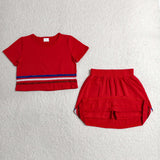 Colorful Stripe Solid Red Cotton Shorts Girls Skirts Sets