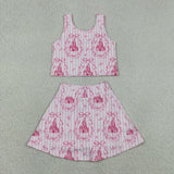 Castle Bow Pattern Pink Stripe Athletic Shorts Girls Skirt Sets