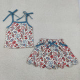 Floral Scalloped Shorts Skirt Blue Beige Girls 4th of July Outfits