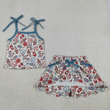 Floral Scalloped Shorts Skirt Blue Beige Girls 4th of July Outfits