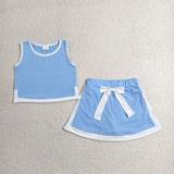 Solid Sky Blue White Cotton Shorts Girls Skirts Sets