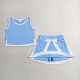 Solid Sky Blue White Cotton Shorts Girls Skirts Sets