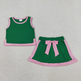 Solid Pink Bow Green Shorts Girls Skirts Sets