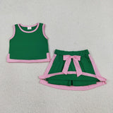 Solid Pink Bow Green Shorts Girls Skirts Sets
