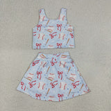 Baseball Bow Pattern Sky Blue Athletic Shorts Girls Skirt Sets