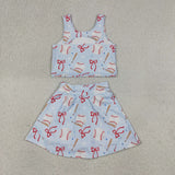 Baseball Bow Pattern Sky Blue Athletic Shorts Girls Skirt Sets