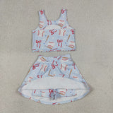 Baseball Bow Pattern Sky Blue Athletic Shorts Girls Skirt Sets