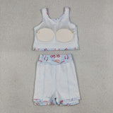Baseball Bow Pattern Sky Blue Athletic Shorts Girls Skirt Sets