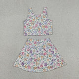 Floral Beige Athletic Shorts Girls Skirt Sets