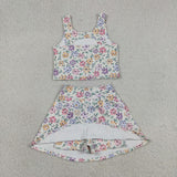 Floral Beige Athletic Shorts Girls Skirt Sets