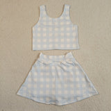 Sky Blue Plaid Athletic Shorts Girls Skirt Sets