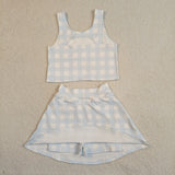 Sky Blue Plaid Athletic Shorts Girls Skirt Sets